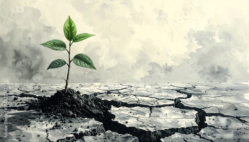 A green plant growing from cracked dry soil