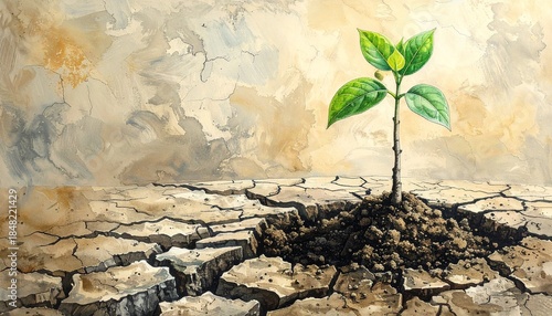 A green plant growing from cracked dry soil
