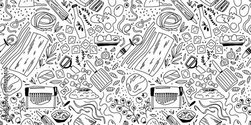 Seamless pattern coloring page with a pasta cooking set, making pasta and ravioli at home