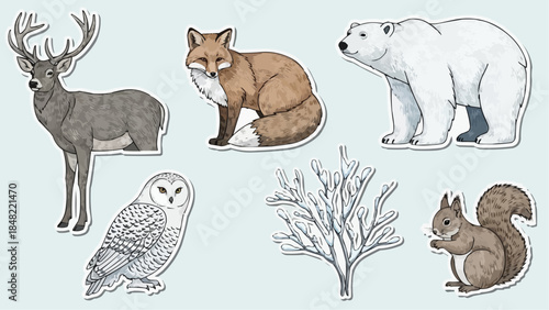 Wildlife animal set with deer, fox, polar bear, owl, squirrel, and coral