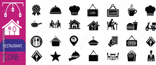 Restaurant icon set. Restaurant business and food delivery icon concept, containing server, meal, cooking, menu, restaurant, food delivery, fast food and dinner icons. vector  icon illustration