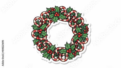 Festive Christmas wreath with candy canes and holly berries