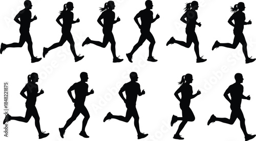 Running people silhouette set with men and women jogging fitness workout motion isolated on white background black vector illustration
