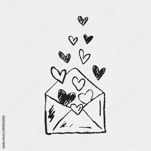 Hand drawn open envelope with hearts floating. Love, affection, and love letters concept. Vector sketch illustration in vintage crayon charcoal style