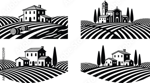 Rural countryside village landscapes with farm houses and rolling fields illustrated in vintage black silhouette style isolated on white