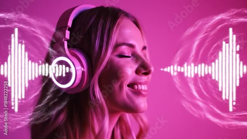 Woman enjoying music with headphones and visualized sound waves on pink background