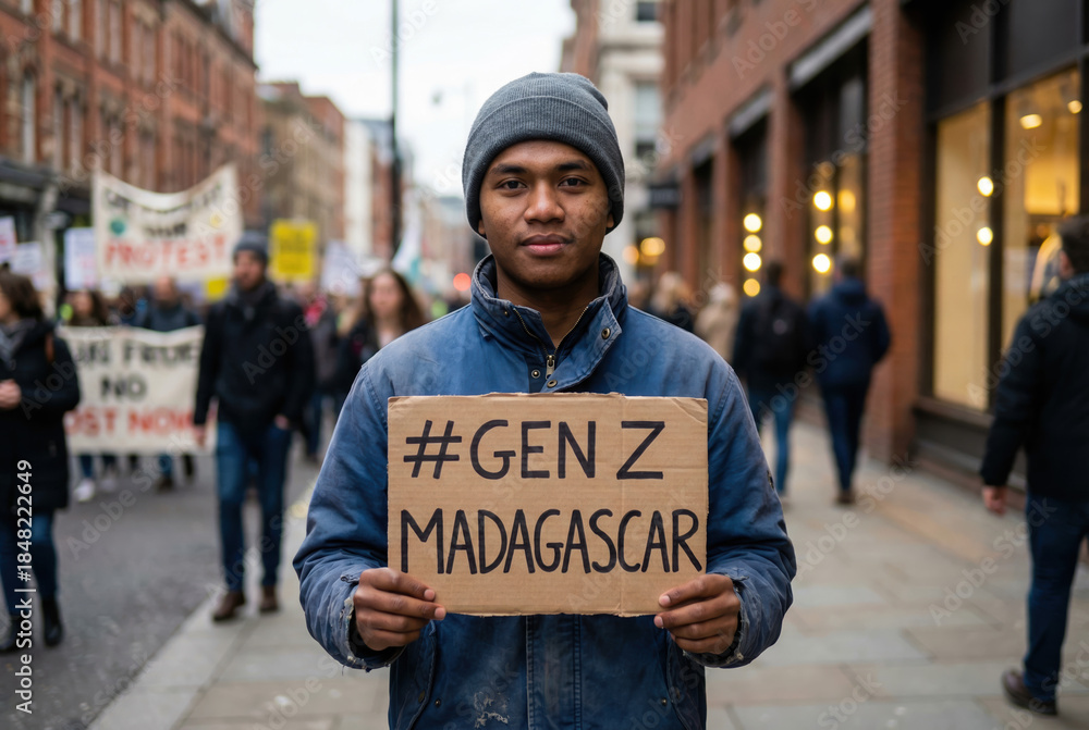 Fototapeta premium Passionate Young Activist Holding '#GEN Z MADAGASCAR' Sign in Vibrant City Protest Scene