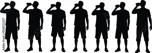 Silhouette sequence of athletic man drinking water bottle showing hydration routine isolated on white background fitness wellness concept