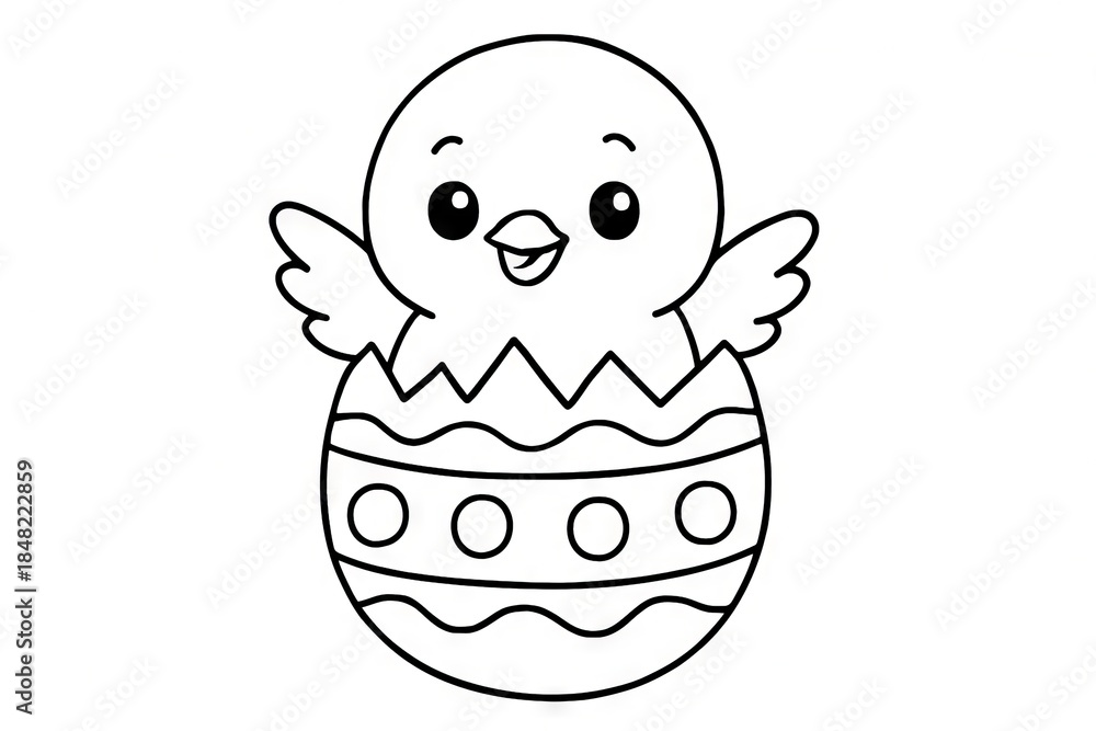 Obraz premium Chick in easter egg coloring page for kids. concept of spring celebration, festive art, black and white illustration, holiday activity, simple outline design