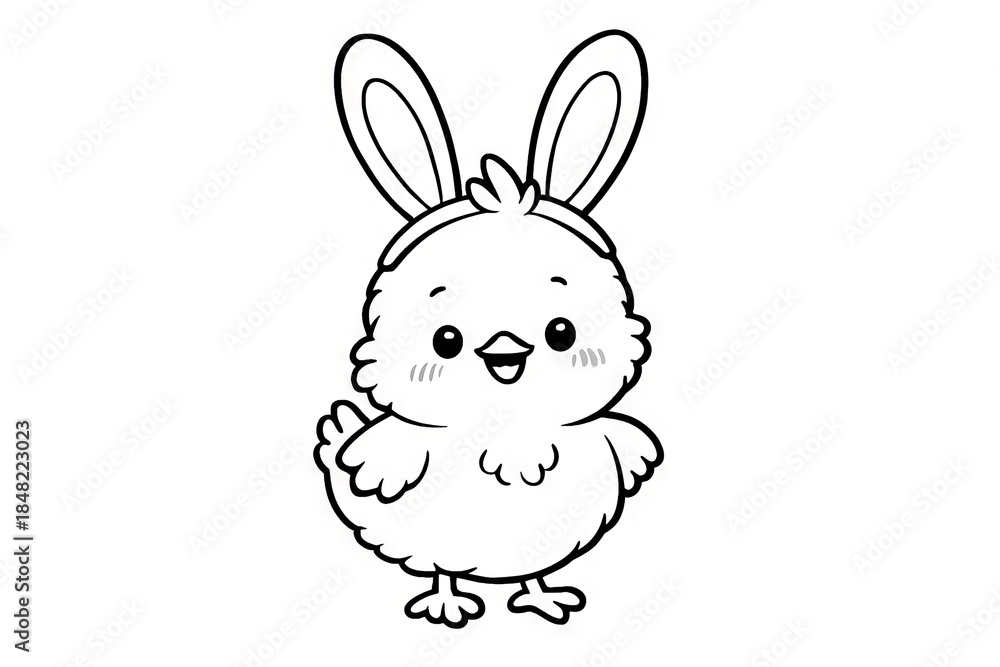 Fototapeta premium Chick with bunny ears adorable illustration. easter coloring page for kids. concept of cute animal art, black and white illustration, springtime fun, playful design