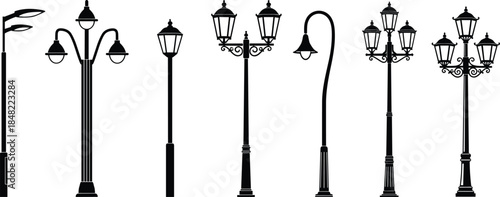 Street lamp silhouette set with vintage city lighting poles isolated on white background black urban vector illustration collection