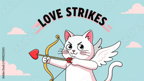 Funny Cupid Cat with Bow and Arrow Love Strikes Concept Vector Illustration for Valentine