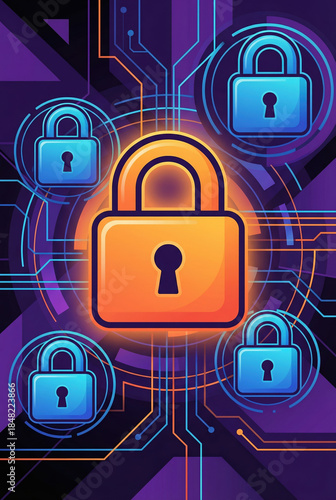 Secure Digital Environment with Vibrant Locks and Circuit Patterns in Futuristic Color Scheme