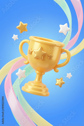 Golden Trophy Surrounded by Colorful Ribbons and Stars Against a Bright Blue Background
