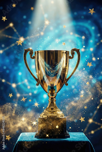 Shining Golden Trophy Illuminated by Soft Stars and Cosmic Light in a Magical Atmosphere