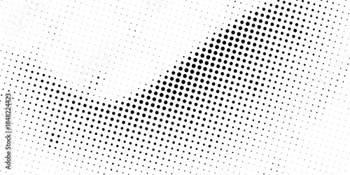 Black halftone dot wave pattern. Abstract grain fluid texture background. Dotted grit curve wallpaper. Rasterized undulate swoosh overlay for poster, leaflet, booklet, banner, brochure, flyer.