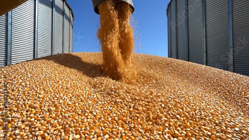 Golden corn kernels pouring from grain chute into large storage pile at industrial agricultural facility.