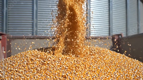 Golden corn kernels being poured into a container with motion blur.