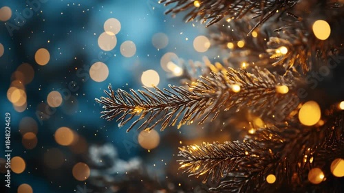 Wallpaper Mural Christmas tree branch with falling snow and bokeh lights Torontodigital.ca