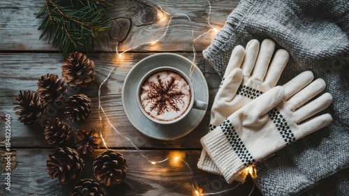 Cozy Winter Hygge Scene with Hot Chocolate and Gloves