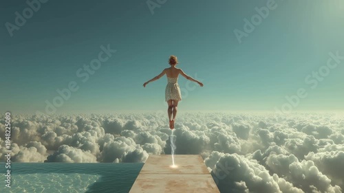 Surreal digital art of woman levitating above clouds after jumping from platform