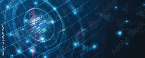 Cyber technology and science banner or header. Connected neural network