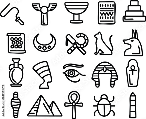 Collection of ancient Egyptian icons representing mythology and history ideal for cultural design and educational materials isolated on white