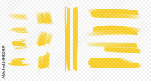 Highlights and underlines of yellow marker. Set of hand-drawn lines and marks isolated on transparent background
