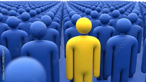 Yellow figure standing out in blue crowd uniqueness identity concept
