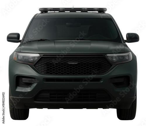 Dark green unmarked patrol vehicle with concealed emergency lights.
