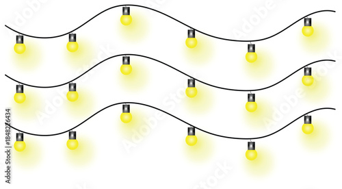 String of yellow glowing light bulbs festive decoration for parties and holidays isolated on white background