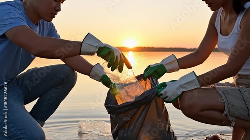 Young adults collecting trash on waters edge at sunset environmental cleanup