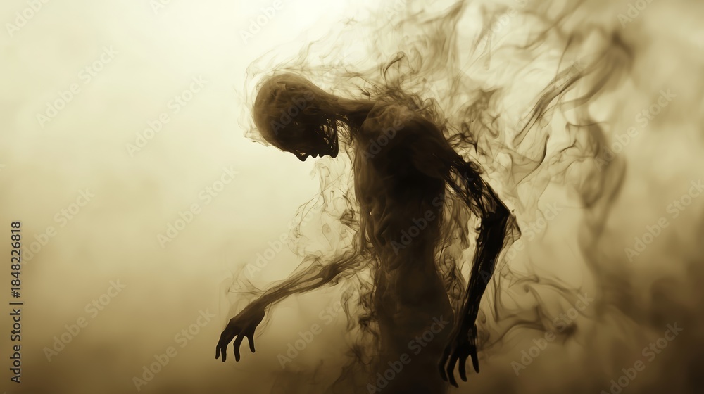 Fototapeta premium Ethereal transformation of a shadowy figure dark realm conceptual art surreal environment close-up view exploration of existence