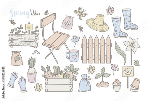 Spring Vibes Rustic Home and Gardening Set. Isolated Pastel Hand Drawings Doodles of Farming And Floriculture Elements. Vector illustration. Not AI