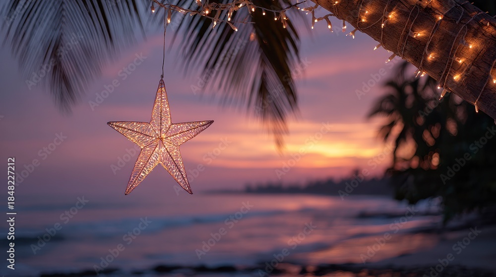 Obraz premium Glowing star ornament hanging from a palm tree, illuminated with fairy lights, overlooking a tranquil beach at sunset
