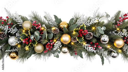 Christmas garland isolated on transparent background with ornaments and lights