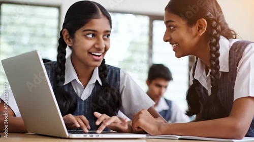 Young students collaborate and learn using laptop in classroom technology education