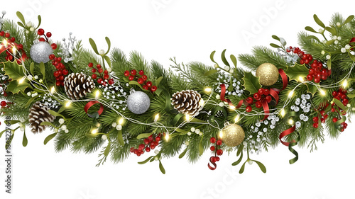 Christmas garland isolated on transparent background with lights and decorations