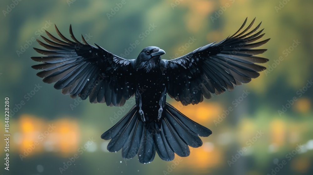 Obraz premium A black raven flies against a softly focused natural background with glistening feathers.