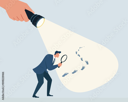 Investigation concept illustration with detective examining footprints under a guiding flashlight, symbolizing research, evidence tracking, support and focused problem solving, Search for clues