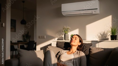Woman Relaxing on Sofa Under Air Conditioner in Modern Living Room with Sunlight