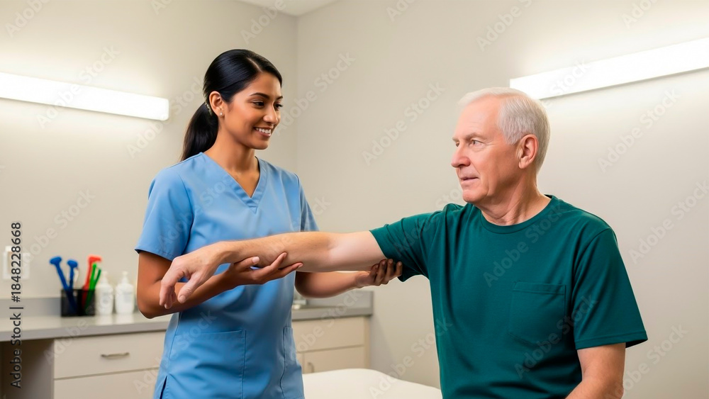 Fototapeta premium Healthcare professional assisting senior patient in clinical setting