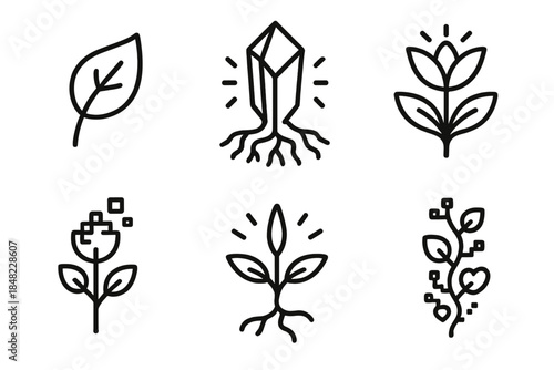 Cyber Biome Icons. Line style icons of Cyber Biome: luminous leaf, glowing crystal root, radiant plant, digital bloom, pulsing