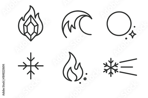Frosted Heat Icons. Line style icons of Frosted Heat: radiant flame crystal, curved frost wave, glowing cinder, icy light,