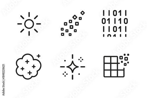 Digital Dust Icons. Line style icons of Digital Dust: glowing particle, drifting pixel, fading code, soft data haze, radiant spark