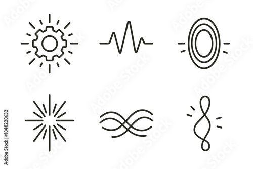 Luminous Gear Icons. Line style icons of Digital Divinity: luminous gear, glowing pulse, curved pattern, radiant energy line,