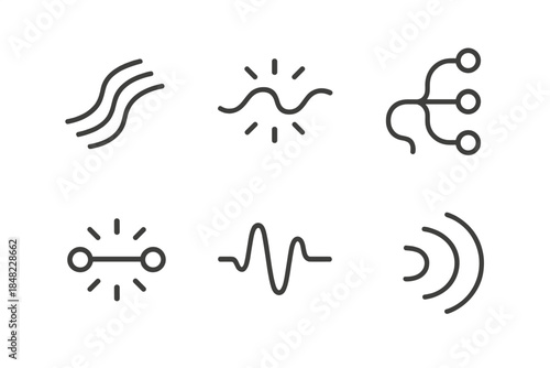 Ocean of Wires. Line style icons of Ocean of Wires: flowing cable, glowing wave, curved circuit line, radiant connection, soft