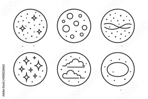 Shimmering Dust Icons. Line style vector icons of Shimmering Dust: floating particles, glowing circles, soft waves, radiant sparks