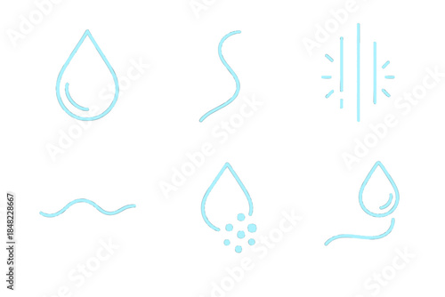 Liquid Data Icons. Line style icons of Liquid Data: glowing drop, curved thread, radiant stream, soft wave, pixel flow, luminous