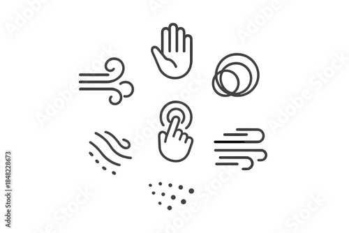 Air Connection Icons. Line style vector icons of Air Connection: wind curves, open fingers, abstract rings, touch waves, breeze